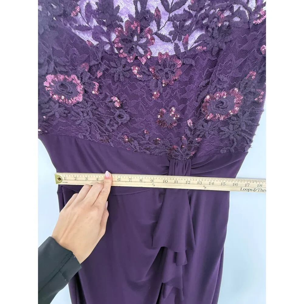 Marina Evening Gown Women 12 Eggplant Purple Mesh Lace Sequins Floral Front Slit - Image 7