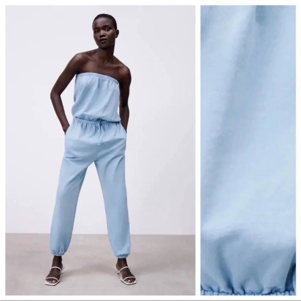 NWT. Zara Blue Washed Effect Long  Strapless Jumpsuit. Size XS. - Image 9