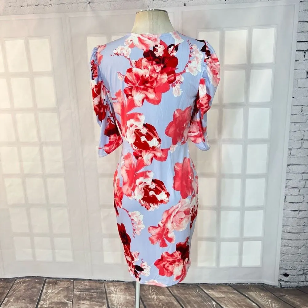 Venus light blue floral short puff sleeve grommet cutout waist summer party dres - Image 7