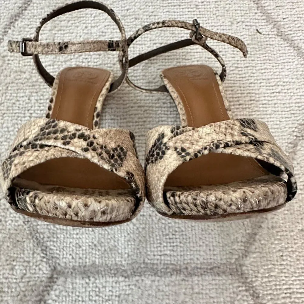 Tory Burch Tan/Brown/Cream Snakeskin Leather Criss Criss Open Toe Heels - Image 10