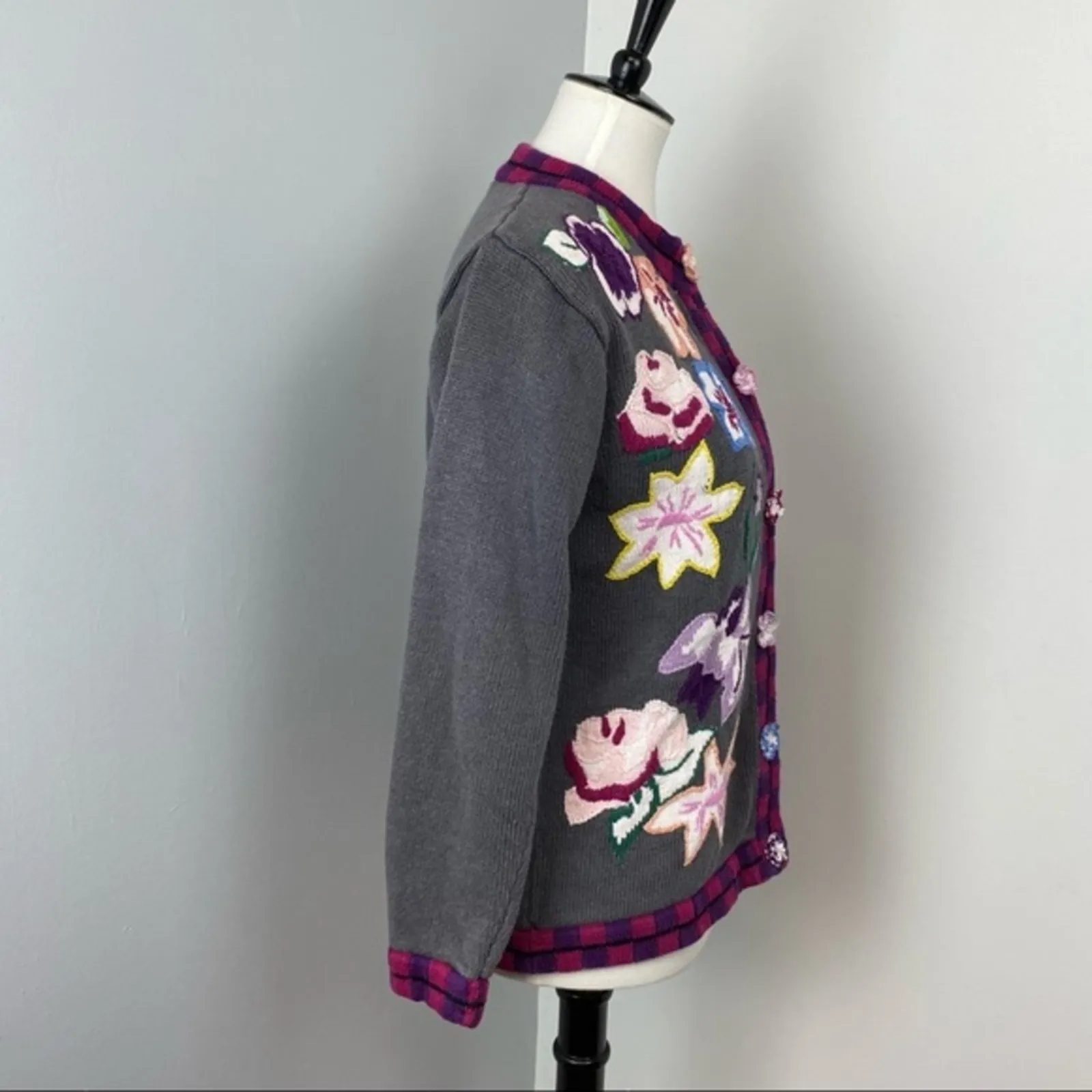 Storybook Knits Beautiful Colorful Whimsical Floral Knit Cardigan Small Gray - Image 7
