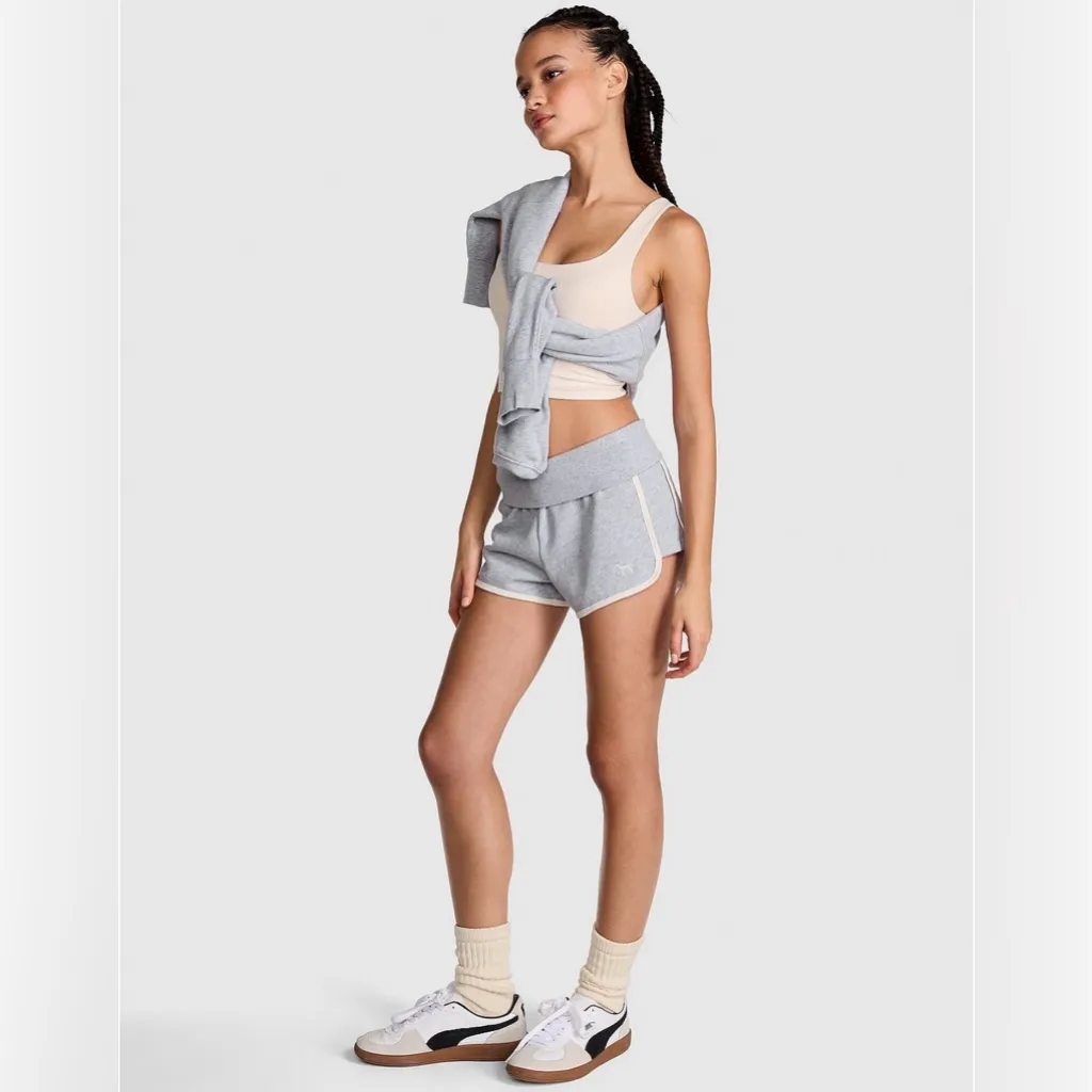 VICTORIA’S SECRET PINK Ivy Terry Foldover Shorts Grey & White “PINK” Logo L - Image 10