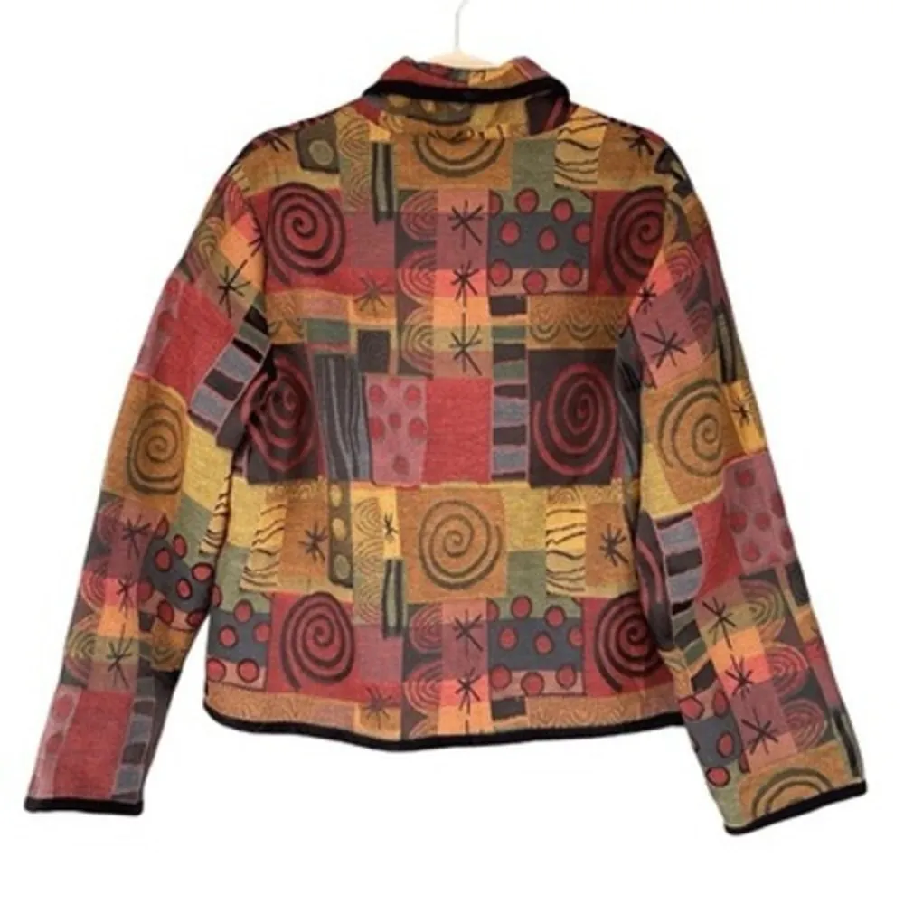 S3 90s VTG Parsley & Sage Tapestry Blazer Jacket Abstract Velvet Trim Artsy Brown Size L - Image 6