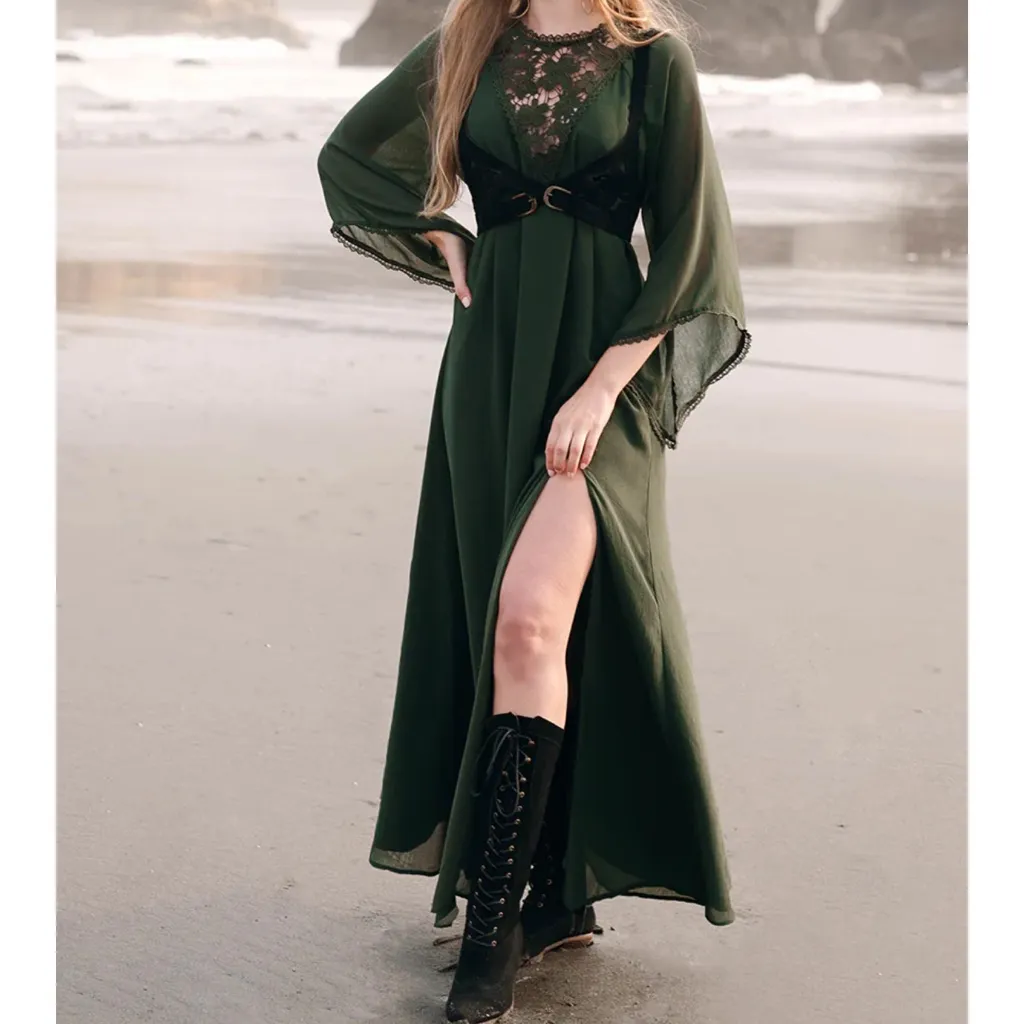 Joyfolie Sunni Burnt Olive Lace Maxi Dress XS Boho Bell Sleeve High Slit NWOT Green - Image 5