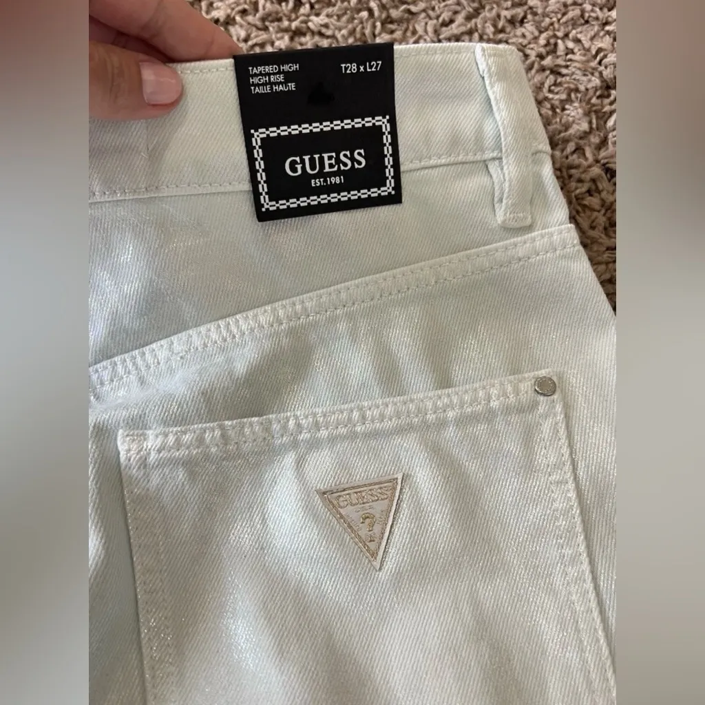 Guess  High Rise Tapered Leg Mom Fit Foil Waxed White iridescent Jeans W28xL27 - Image 12