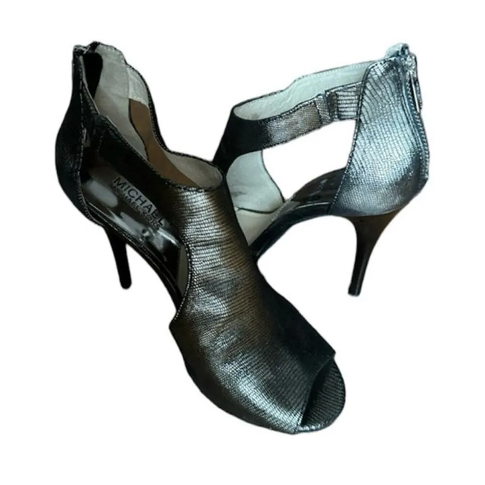 Michael Kors, gunmetal lizard pattern open toe,heel zipper stilettos size 7.5 - Image 5