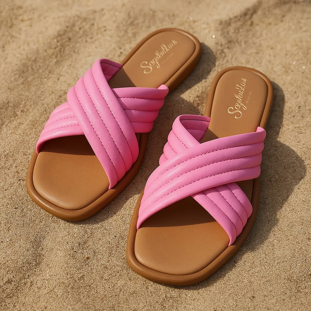 Seychelles Pink Quilted Slide Sandals Italy Women’s Size 9.5 – puff Cross Strap - Image 1