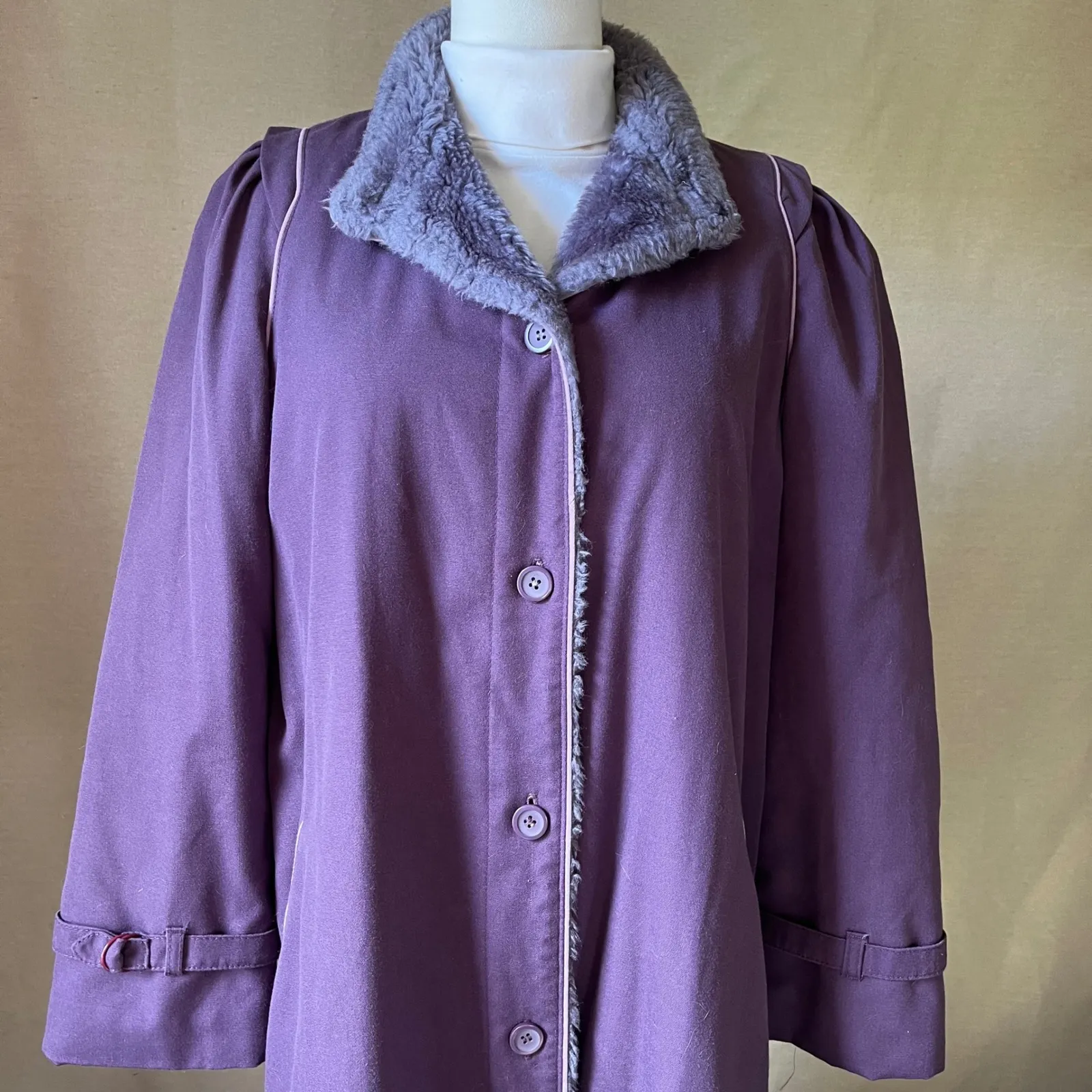 Vintage 70s Purple Faux Fur Trim Maxi Coat Quilted Lining‎ Longline Jacket M Size M - Image 7