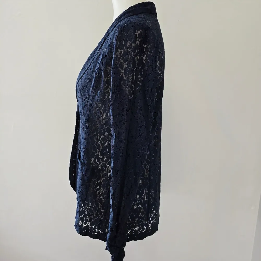 Eyelash Couture Navy Sheer Lace Tailored Fit Single Button Blazer Size - Image 3