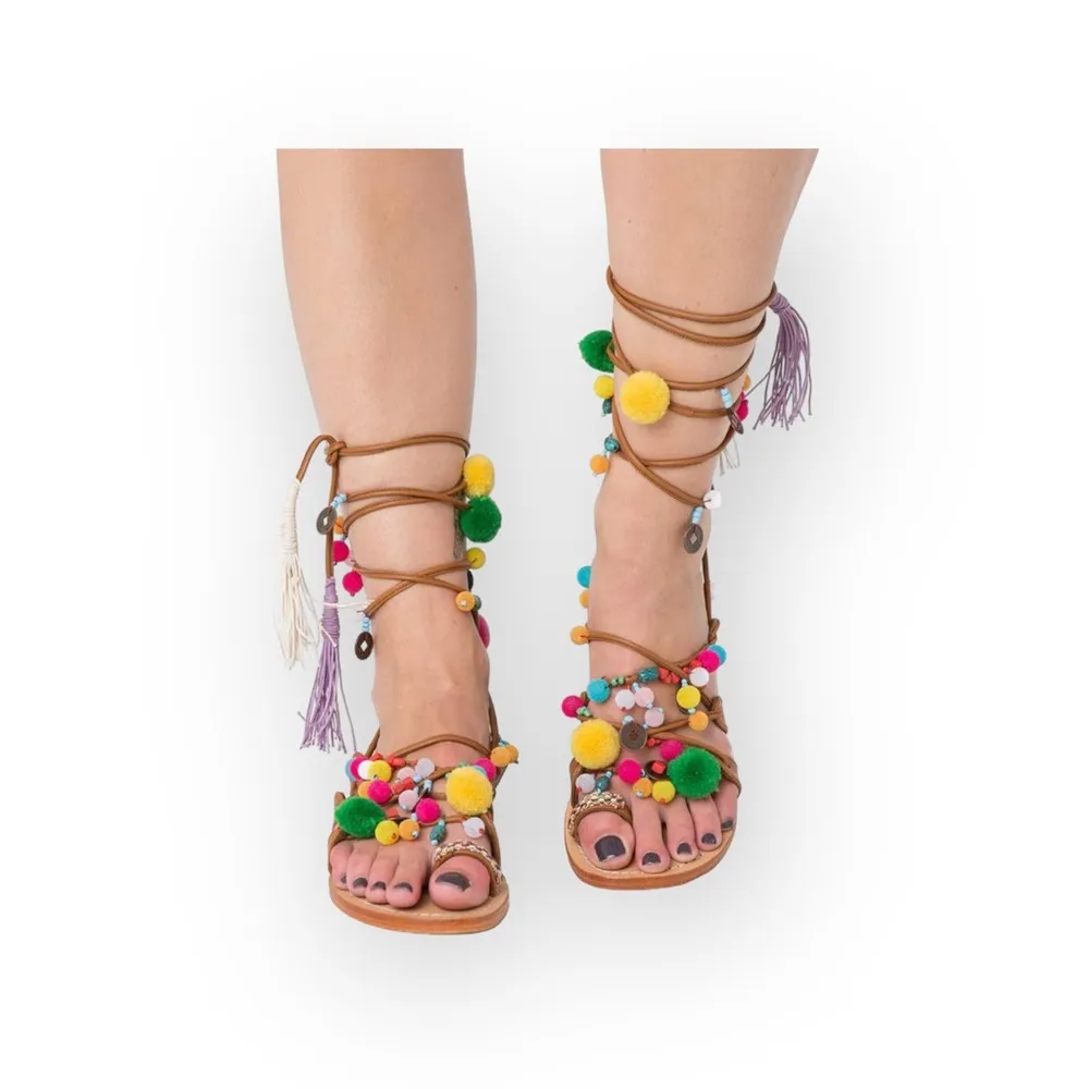 VHTF: new Mystique x Anthro 𖦹 Tokyo Pom Pom Ankle Wrap Toe Loop Leather Sandal - Image 2