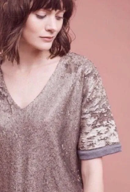 ANTHRO Deletta Reversible Sequin Burnished Gold Top $98 EUC M Rare HTF - Image 6