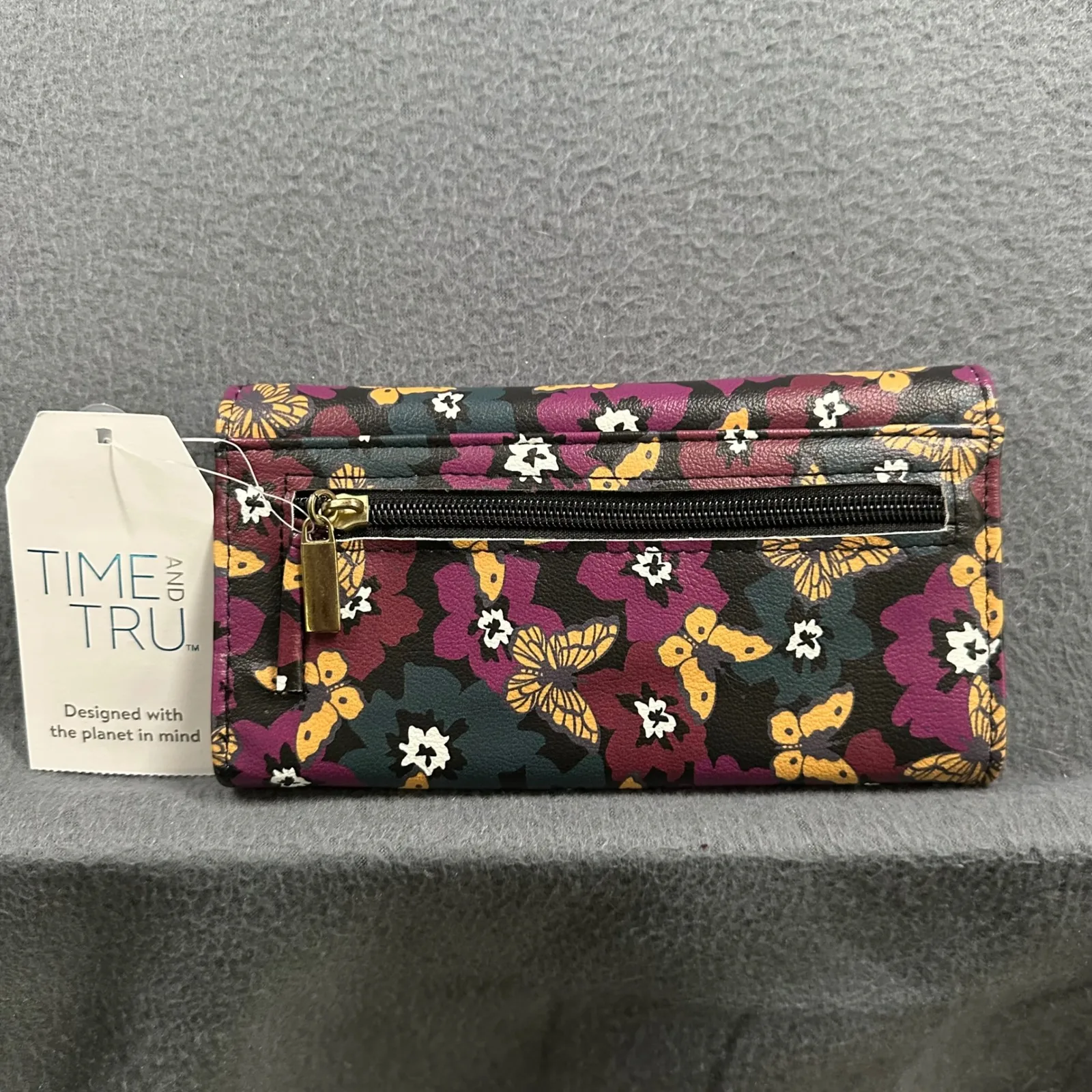 Time and Tru Checkbook Wallet Butterfly Floral Clutch Organizer Wallet NWT Purple - Image 7