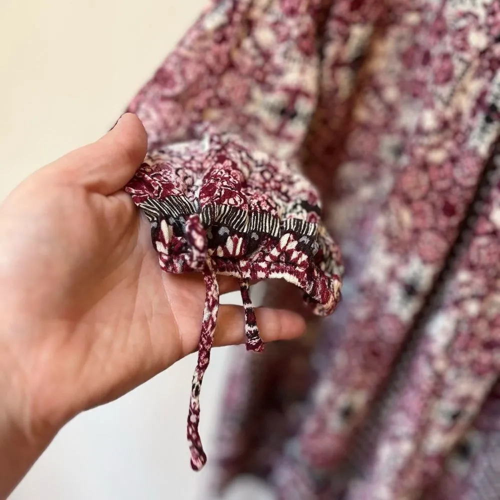 Maurices Women’s Burgundy Bohemian Floral Print 3/4 Sleeve Tie Back Mini Dress M - Image 8