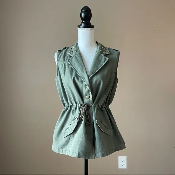 MOD MODELE | Green Sleeveless Studded Utility Jacket Sz L Size L - Image 3