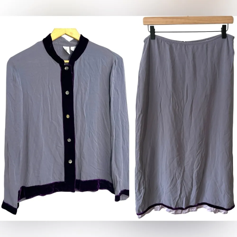 Vintage Women’s Smoky Purple Plum Silk‎ With Velvet Trim Blouse And Skirt Set 14 - Image 2