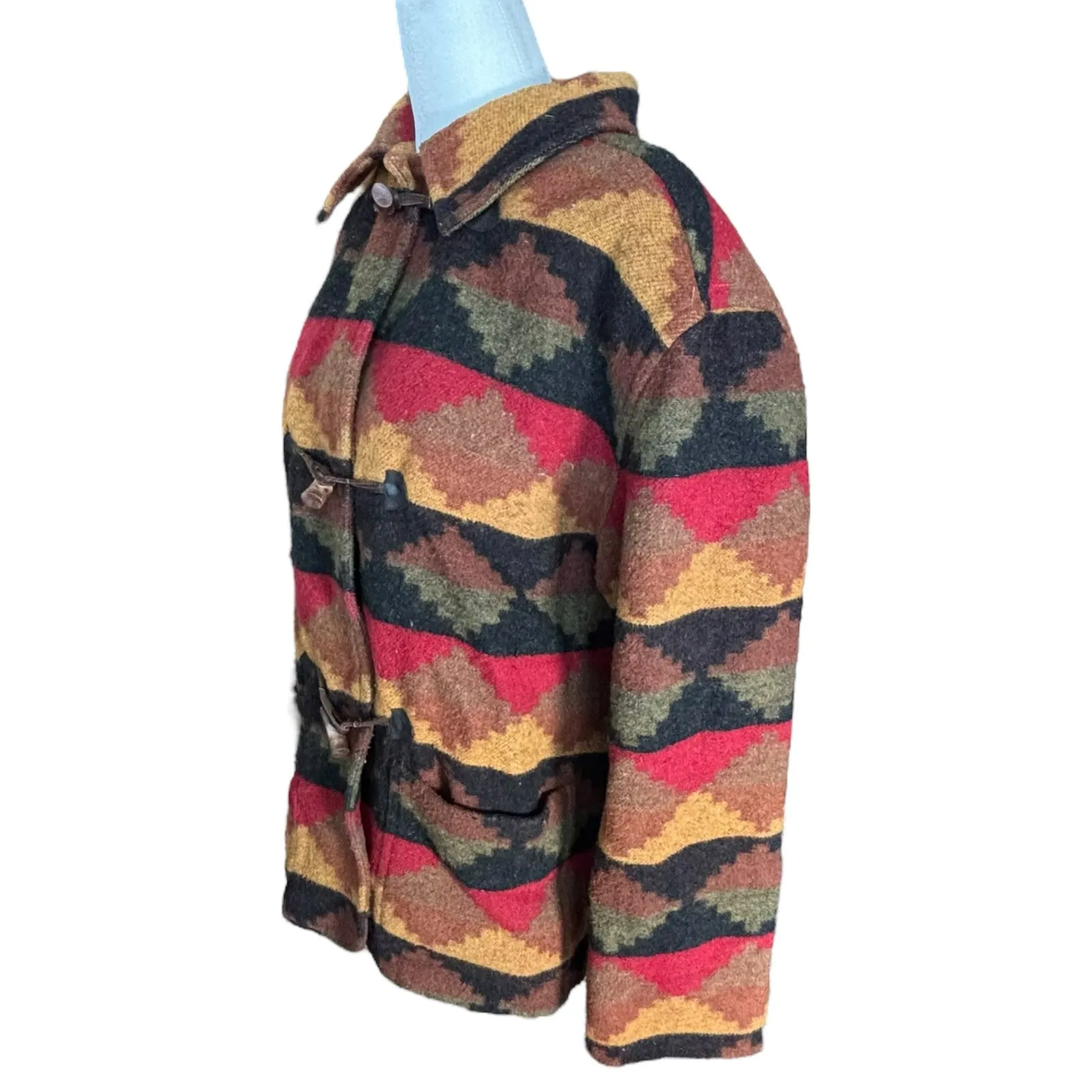 Vintage Rafaella Wool Blend Aztec Southwest Toggle Coat Jacket Small Multicolor Red - Image 5