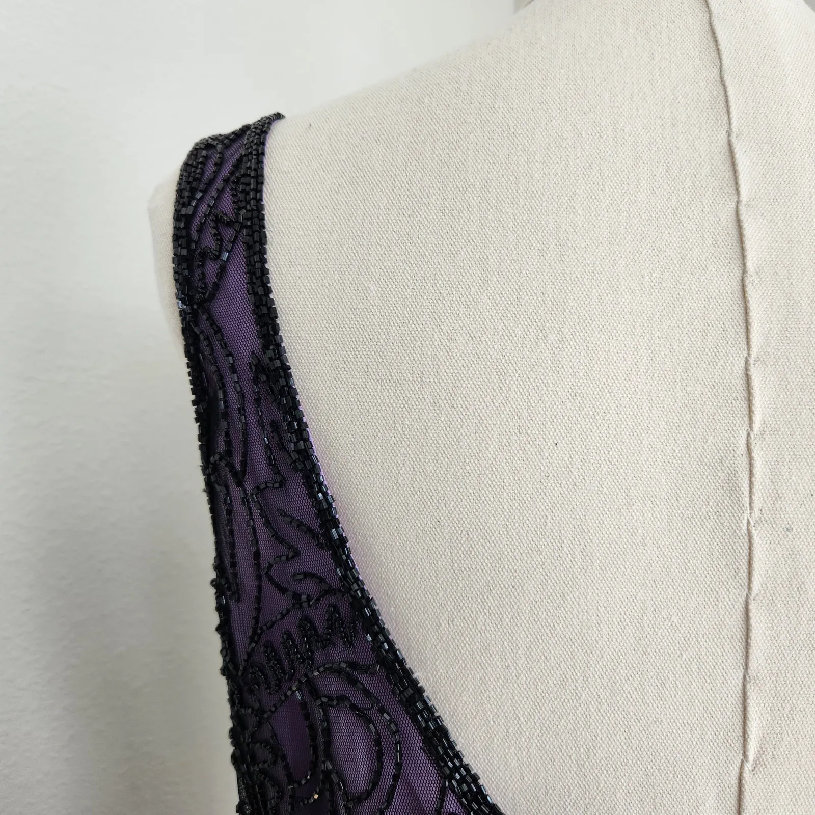 Vintage 90s Laurence Kazar Purple Black Beaded Sheath Dress Sleeveless Mini S - Image 9