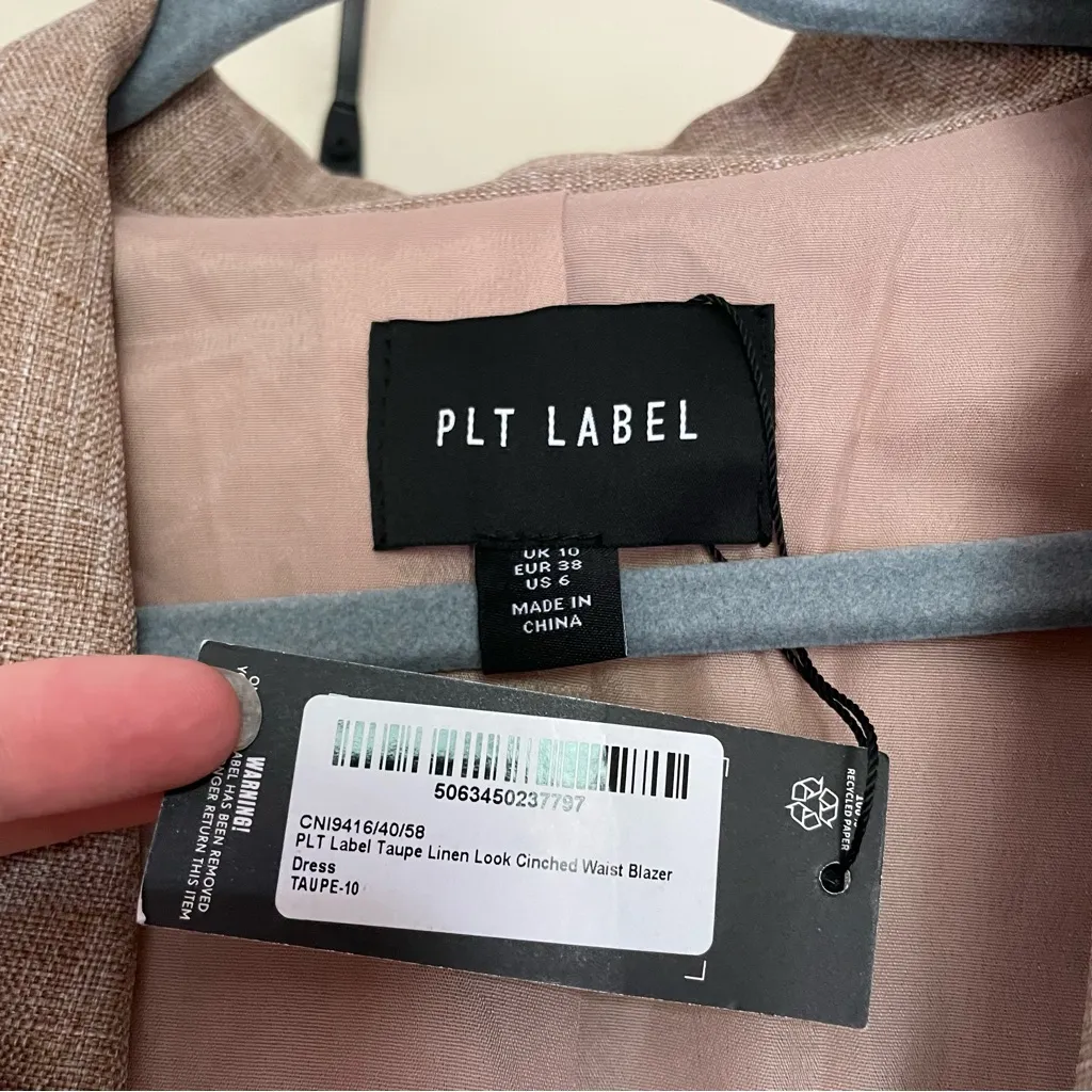 PrettyLittleThing PLT Label Taupe Linen Look Cinched Waist Blazer Mini Dress 6 - Image 5
