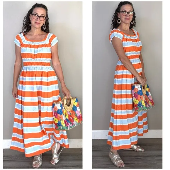 Ann Mashburn stripe Cotton Blend short cap sleeve smock midi Garden Dress Small - Image 2