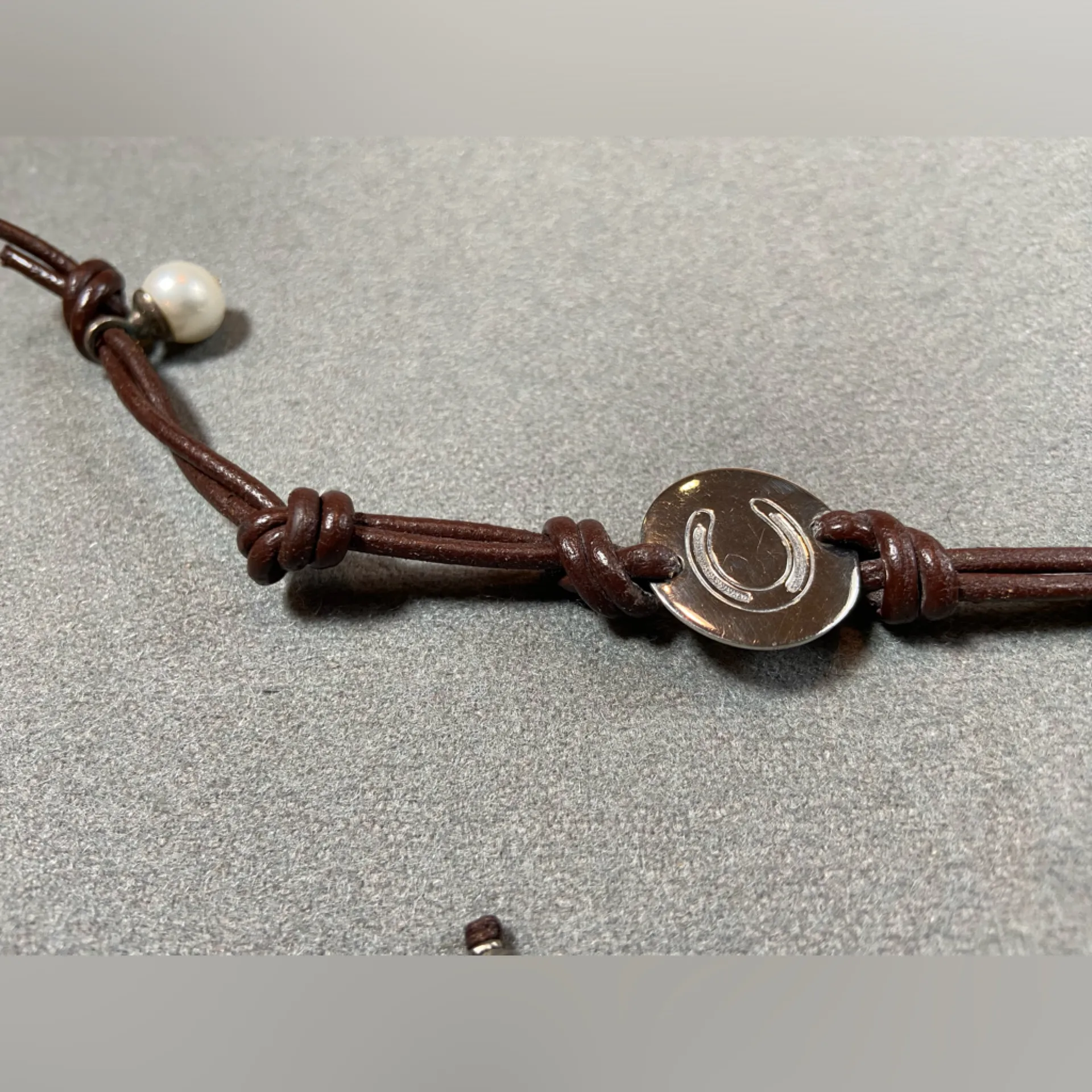 Silver Horseshoe stamp, Leather and Pearl Bracelet with 2nd accent bracelet - Image 2
