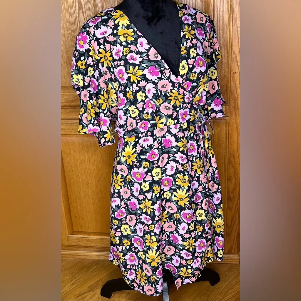 Topshop Floral‎ Print Wrap Front Tie Waist Bell Sleeve Angel Mini Dress Size 6 - Image 8