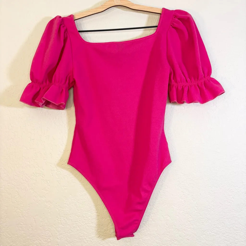 Hot Pink Puff Sleeve Ruffle Short Sleeve Body Suit Size S - Image 2