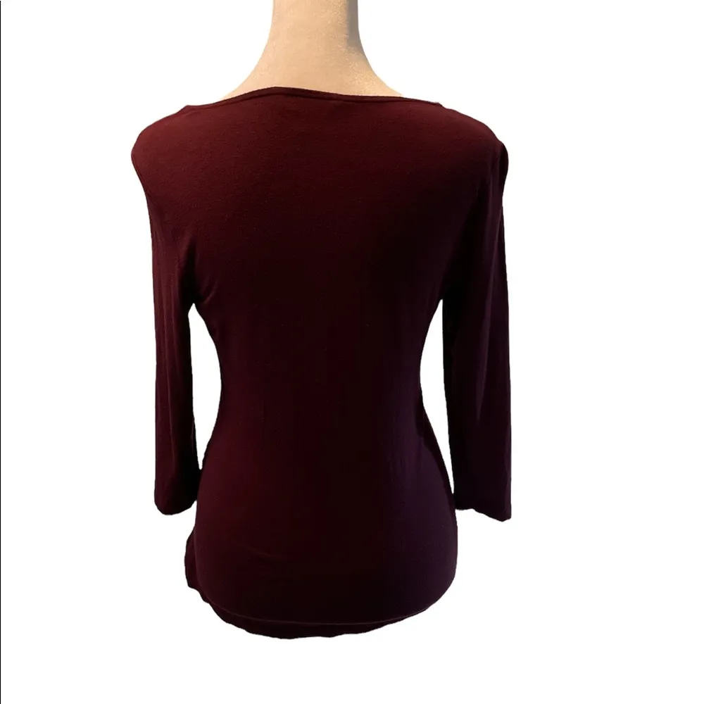 Burgundy 3/4 Sleeve Round Neck with Keyhole Ruched Sides Shirt - Image 4