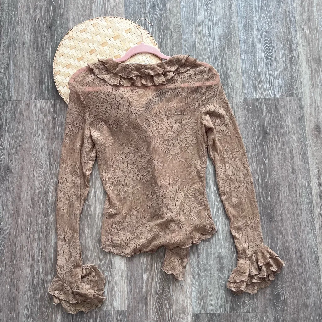 Vintage Y2K Victorian ruffle mesh top witchy whimsical goth‎ moto boho Tan Size M - Image 6