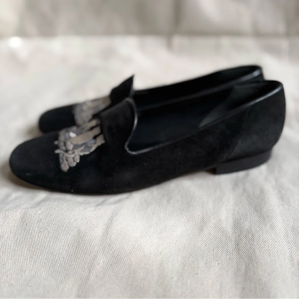 Zalo Black Cat Embroidered Women's Suede Leather Loafers Size 7 - Image 6