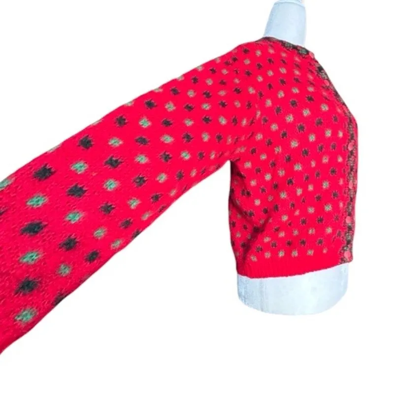 Vintage United Colors Of Benetton Red Green Abstract Polka Dot Wool Cardigan - Image 5
