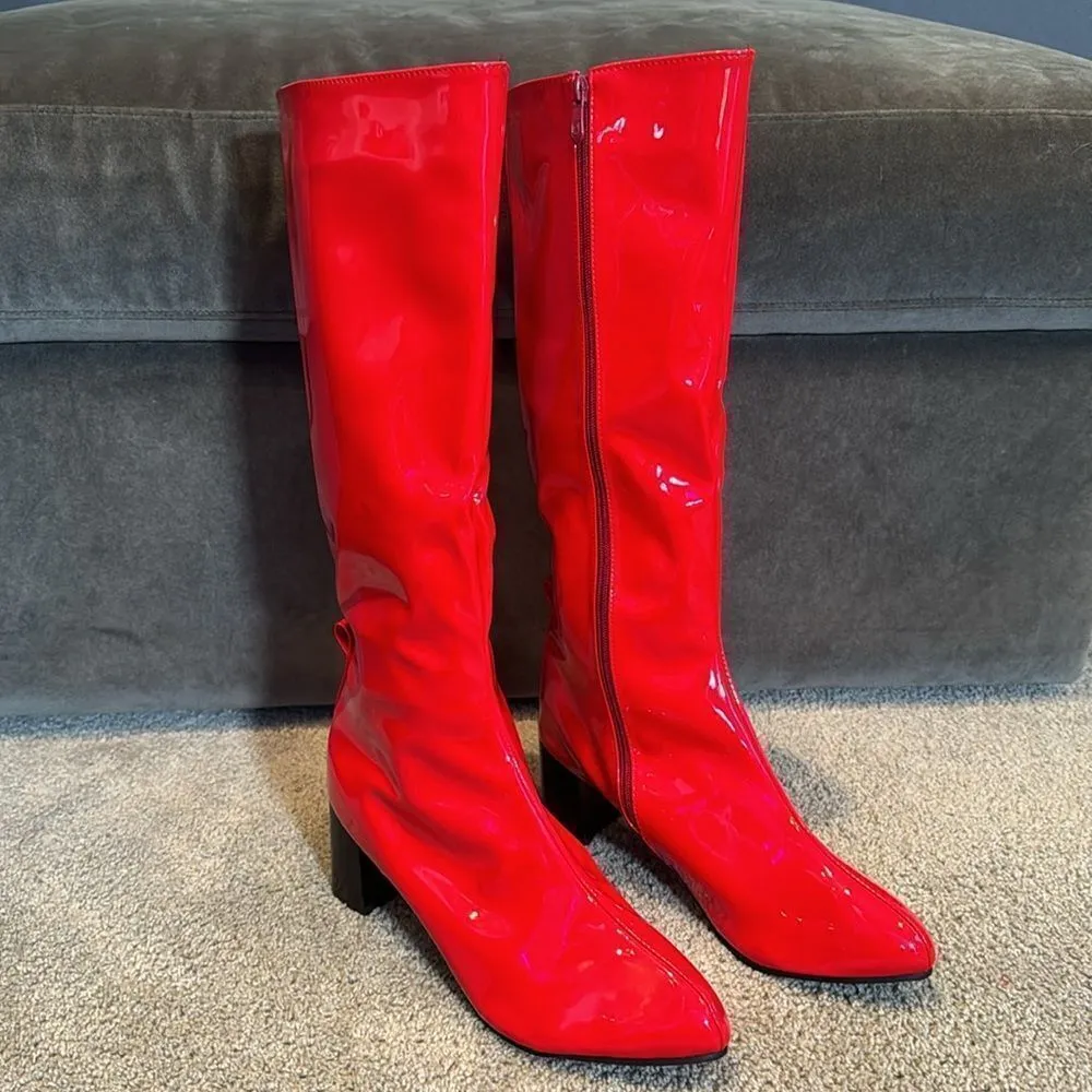 Women’s Shiny Red Knee High Zip Up Block Heel Boots Size 12 NEW - Image 12