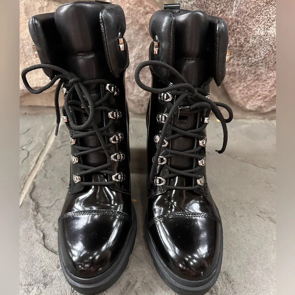 Marc Fisher Bristyn black patent leather combat moto boot. Chunky heel lace up - Image 5