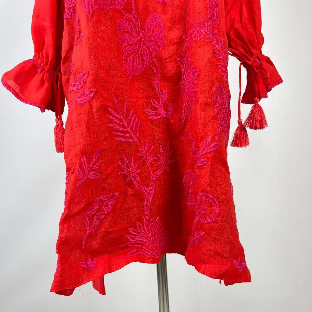 NWOT Johnny Was Ramie Embroidery Ruffles Red Luciana Tie Front Sleeve Dress S - Image 6