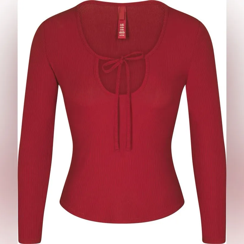 SKIMS Tie Front Long Sleeve Rib Stretch Modal Pajama Top - Image 2