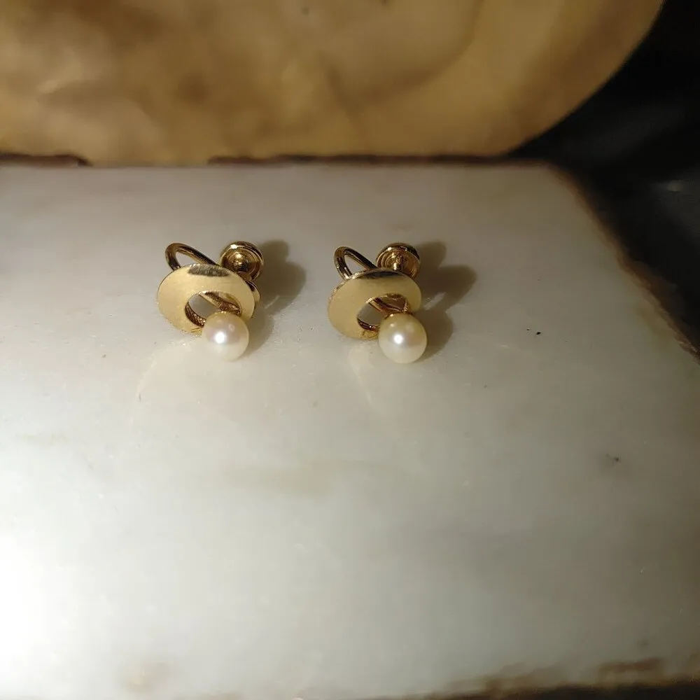 Real Pearl Yellow Gold Stamped Earrings Vintage 12K GF Screw Back - Image 5