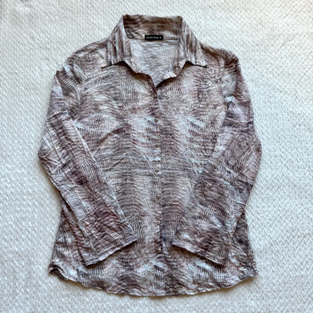 David Cline Roll Tab Long Sleeve Crushed Snap Front Top M Flax Silver Artsy Brown Size M - Image 3