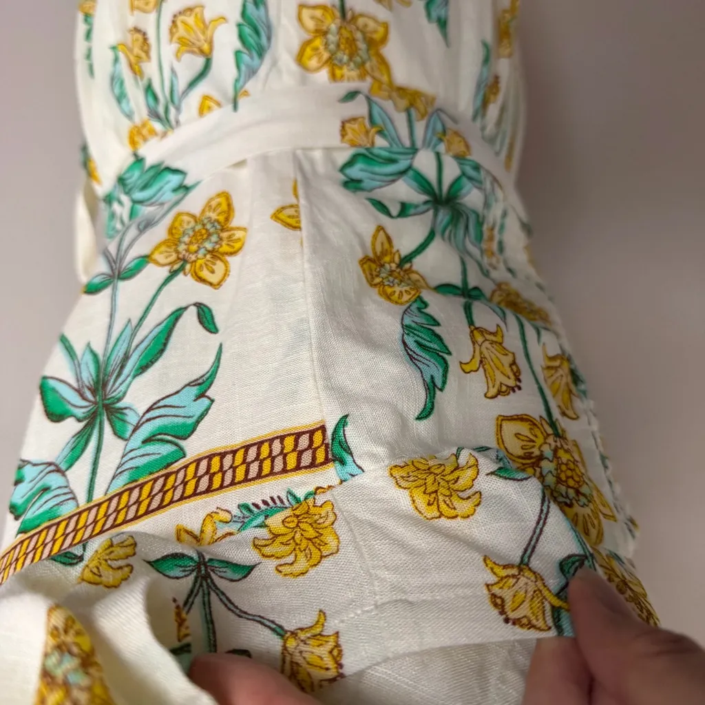 Draper James Dress Floral Linen Blend Square Neckline Lined Prairie Yellow Green - Image 9