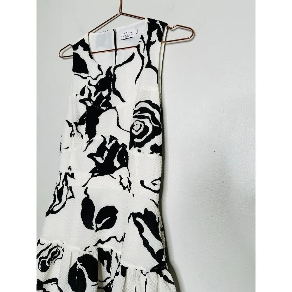 TANYA TAYLOR Black & White Floral Jackie Matelessé Open Back A-Line Dress Size 8 - Image 7