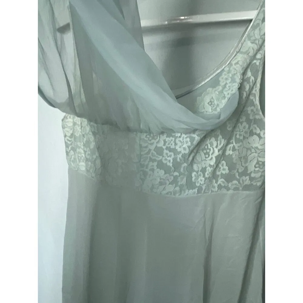Pale Aqua Blue Long Sheer Nylon Lace Nightgown Full Apron Sleeveless Size Large - Image 5