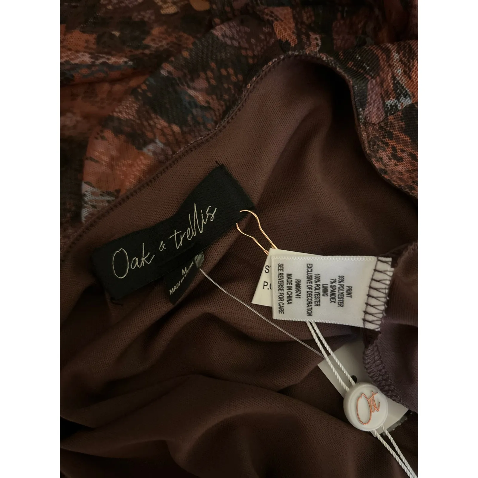 Oak & Trellis Dress NWT SZ Med Midi Autumn Leaf Baby Doll Long Sleeve Sheer HOCO Brown - Image 8