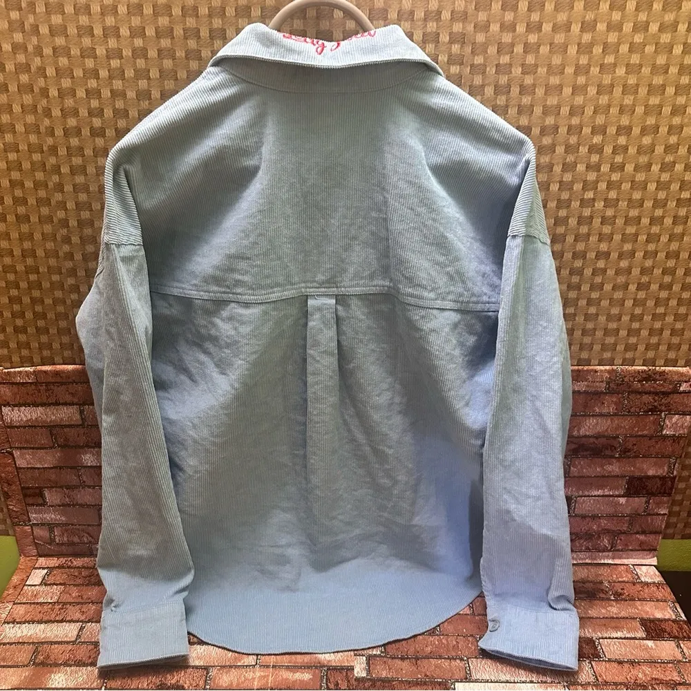 Women’s Blue Corduroy Shirt with Strawberry Embroidery size S/M Size M - Image 4