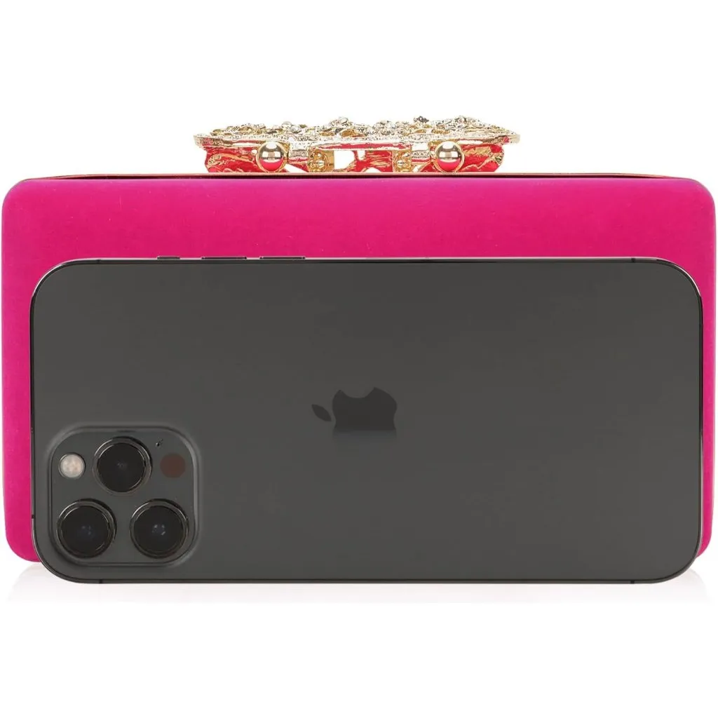⚡Women's Pink Velvet Fabric Butterfly Clasp Crystal Formal Party Clutch Bag - Image 5
