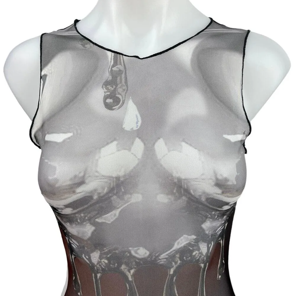 NEW PrettyLittleThing Silver Body Print Mesh Sleeveless Bodycon Mini Dress Sz 6 - Image 3