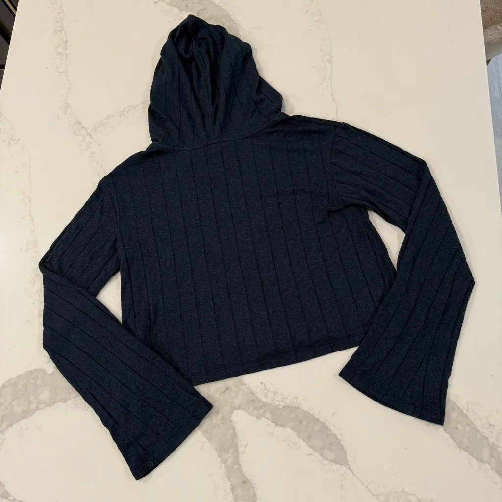 Athleta Harmony Pose Hooded V-Neck Crop Sweater Bell Sleeve Womens XXS Navy Blue - Image 7