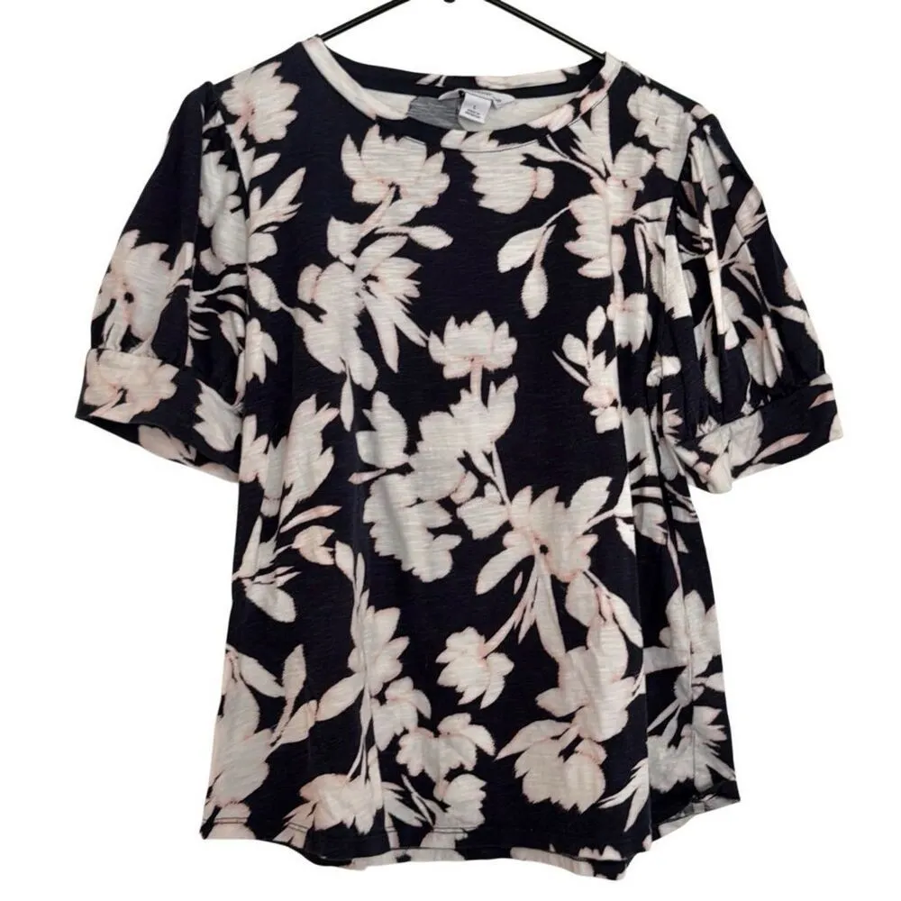 Liz Claiborne 100% cotton navy floral puff sleeve top large - Image 2