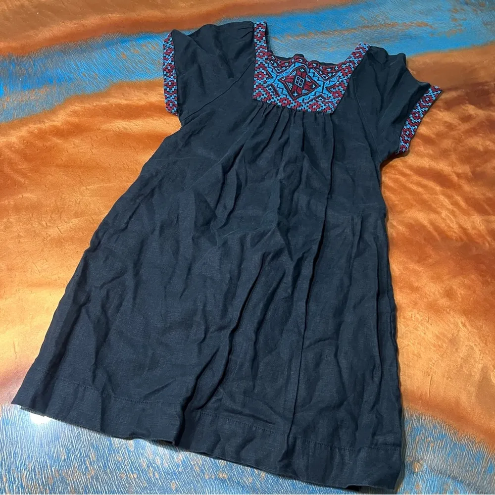 Madewell Black 100% Linen Embroidered Wander Mini Dress Black small blue red - Image 2