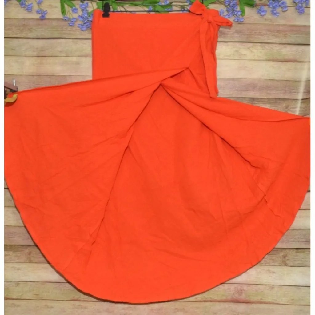 Mud Pie Ladies Red Orange Pull On Midi Skirt Size L Gauzy Cotton Faux Wrap - Image 6
