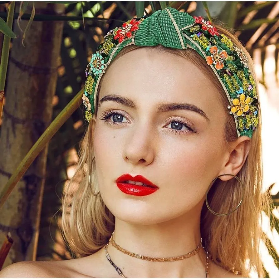 Green Rhinestone Wide Jeweled ‎ Headband Handmade Hair Accessories Floral Flower - Image 5