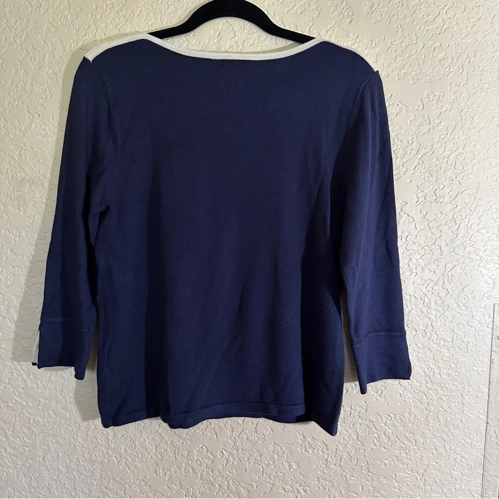 Investments‎ Petites Navy Blue White Trim Crewneck 3/4 Sleeve PM NWT Sweater - Image 3