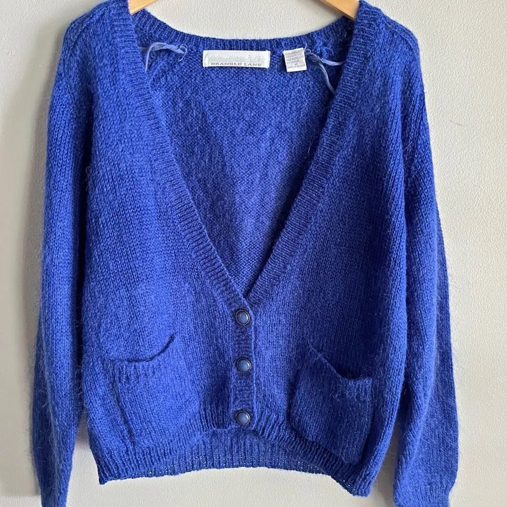 Vintage 80s Mohair Cardigan Blue Size M Slouchy Deep V Cottagecore Sweater Size M - Image 2